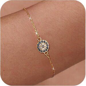 Gold Evil Eye Bracelet 925 Sterling Silver Blue CZ Link Chain NWT